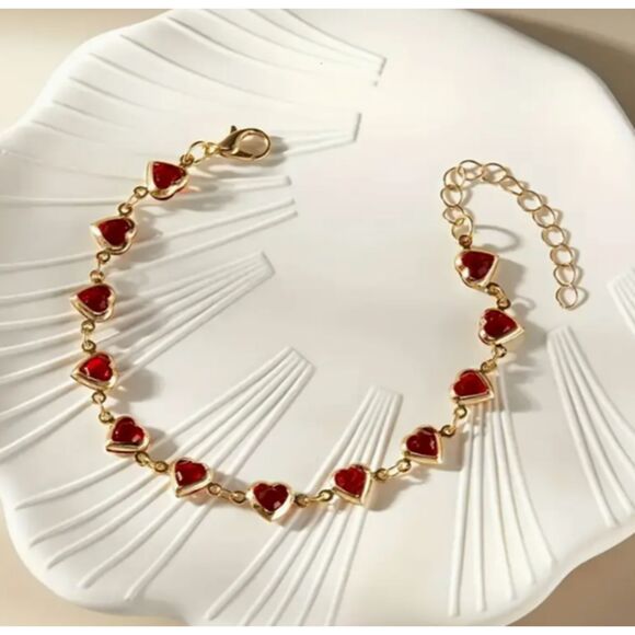 Gold Red Heart Resin Link Bracelet Adjustable Hearts - Picture 6 of 9